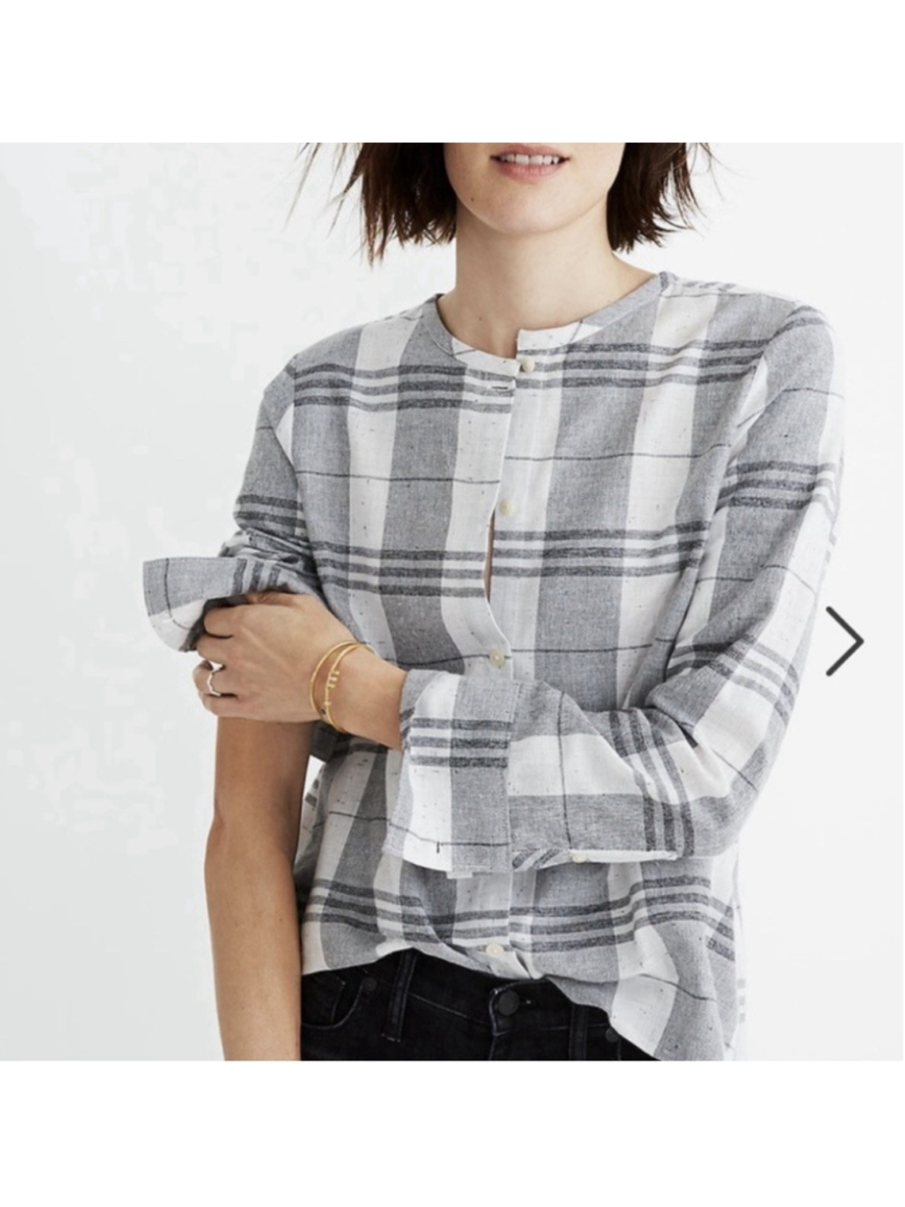 Madewell White & Gray Plaid Collarless Button-Down Shirt Size XL H2624
